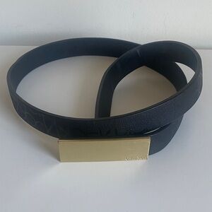 Calvin Klein Faux Leather Monogram Belt Size M Navy/Gold Logo Plaque Minimalist
